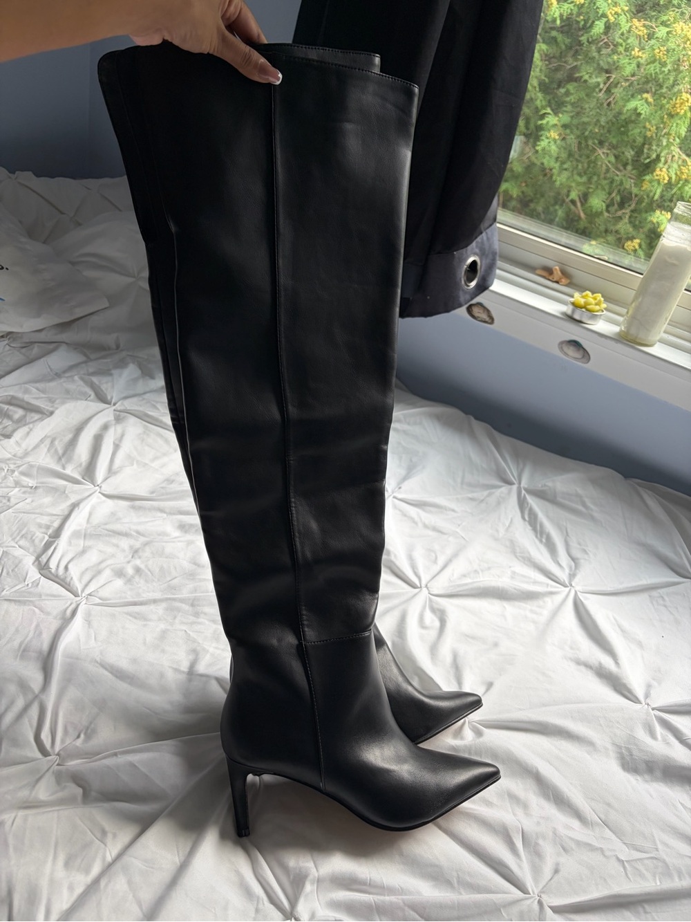 Call it Spring Black Leather High Pointed Toe Heeled Boots